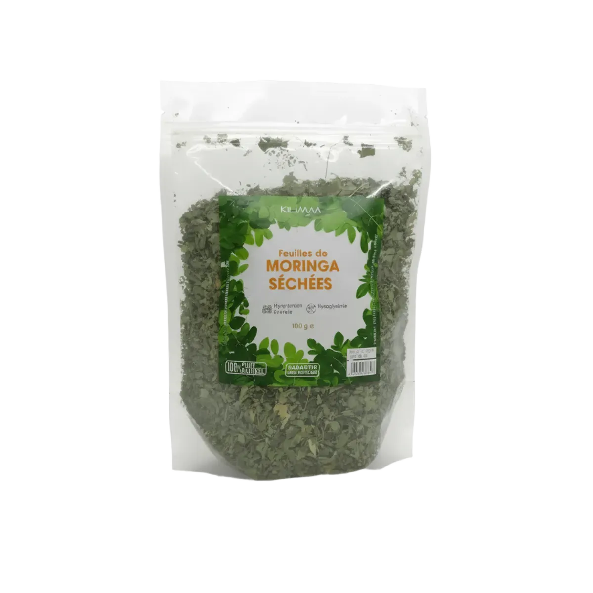 Feuille de Moringa KILIMA - Nutriments | Vitamines, Minéraux en sachet refermable de 100g, plante séchée idéale pour infusion santé.